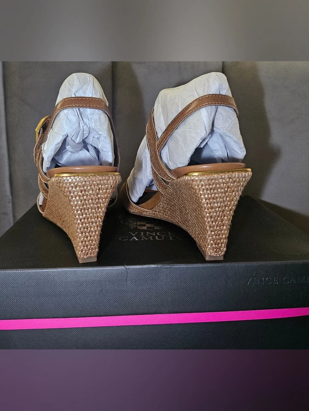Vince Camuto Helcey Tan Leather/Raffia Slingback Wedge Heel Sandals